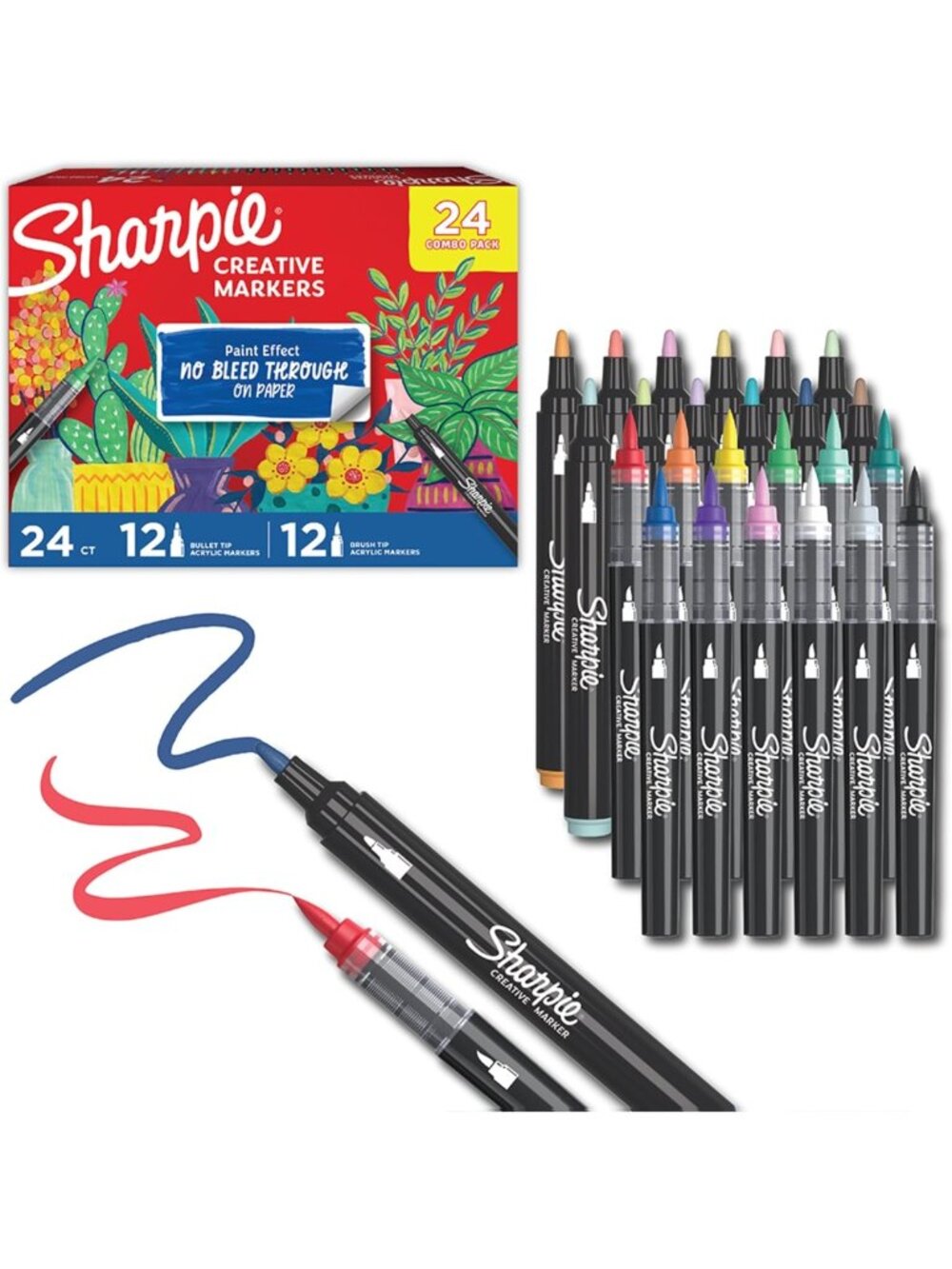 24 Count Creative Markers Combo Pack - Water-Based Acrylic, Bullet & Brush Tips